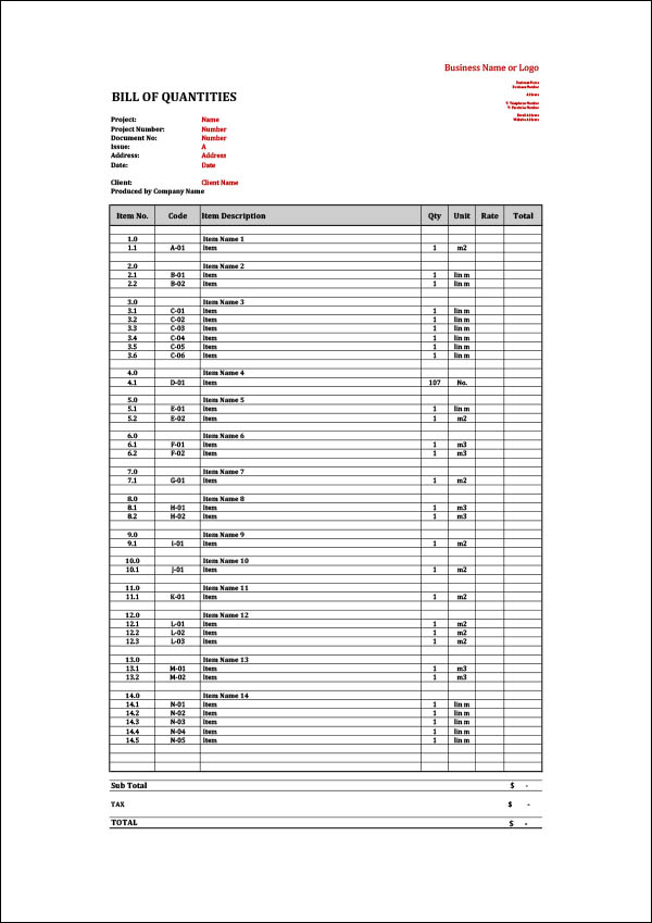 Bill Of Quantities Template Request And Compare Quotes Faster