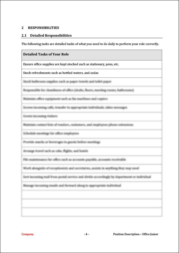 Office Junior Position Description Template | Detailed Responsibilities