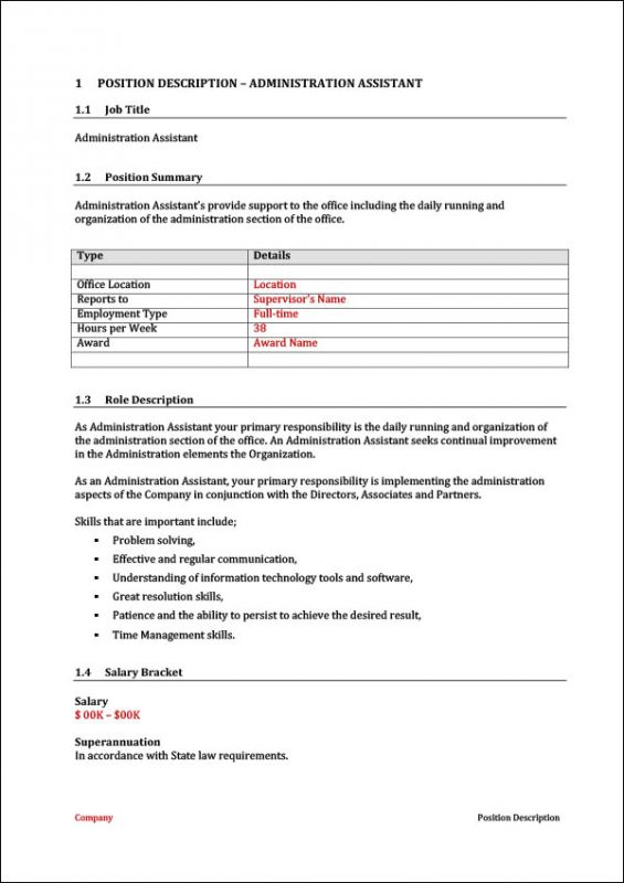 Administration Assistant Position Description Template Boost Business