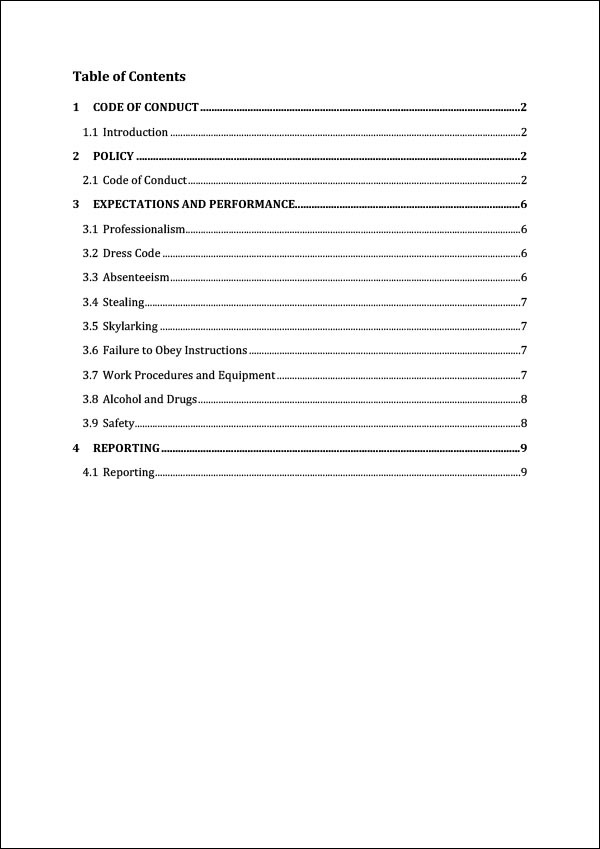 Employee Code of Conduct Template - Table of Contents Employee Code of Conduct Template - Table of Contents