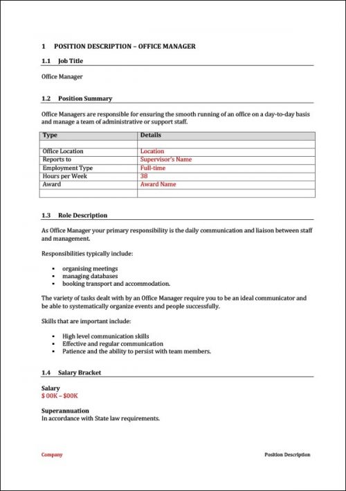 Office Manager Position Description Template Remarkable Team