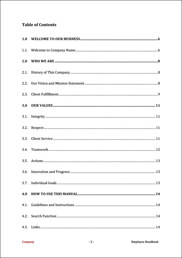 Employee Handbook Template table of contents