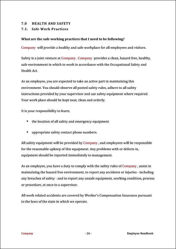 Employee Handbook Template | Health and Safety