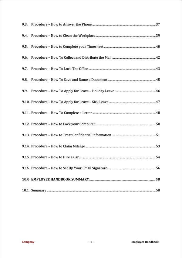 Employee Handbook Template table of contents