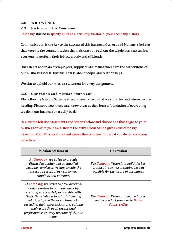 Employee Handbook Template | History, Vision and Mission Statement