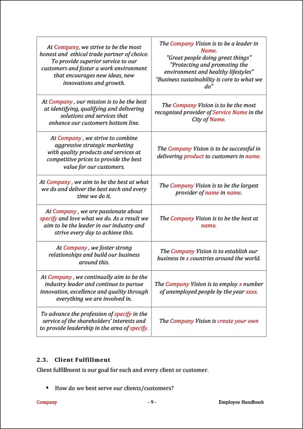 Employee Handbook Template | History, Vision and Mission Statement