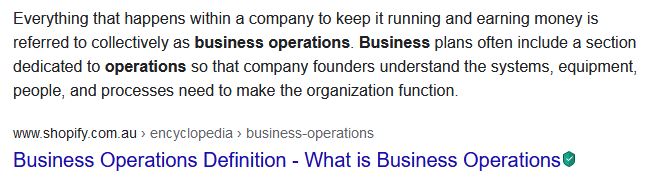 An image displaying the definition of "Business Operations." The text defines business operations as the activities and processes carried out by a company to produce goods or provide services, including tasks related to production, sales, marketing, and administration, aimed at generating revenue and achieving organizational goals.