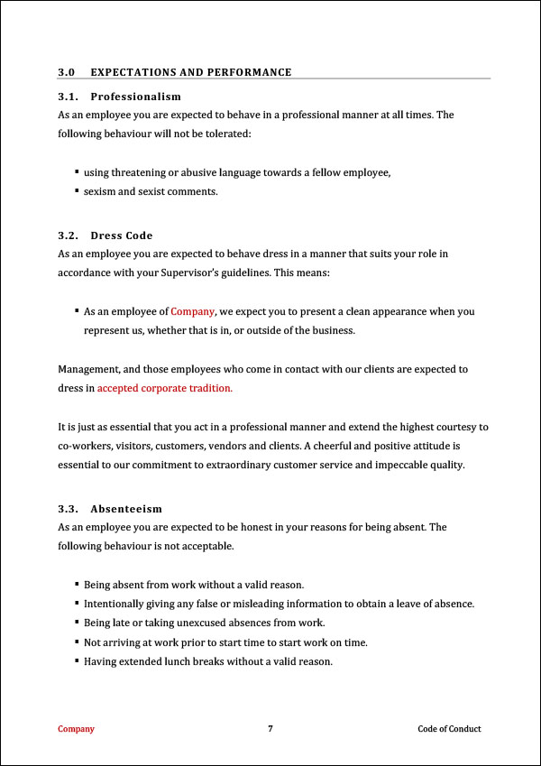 Employee Code Of Conduct Template Word Employee Code Of Conduct Template Word