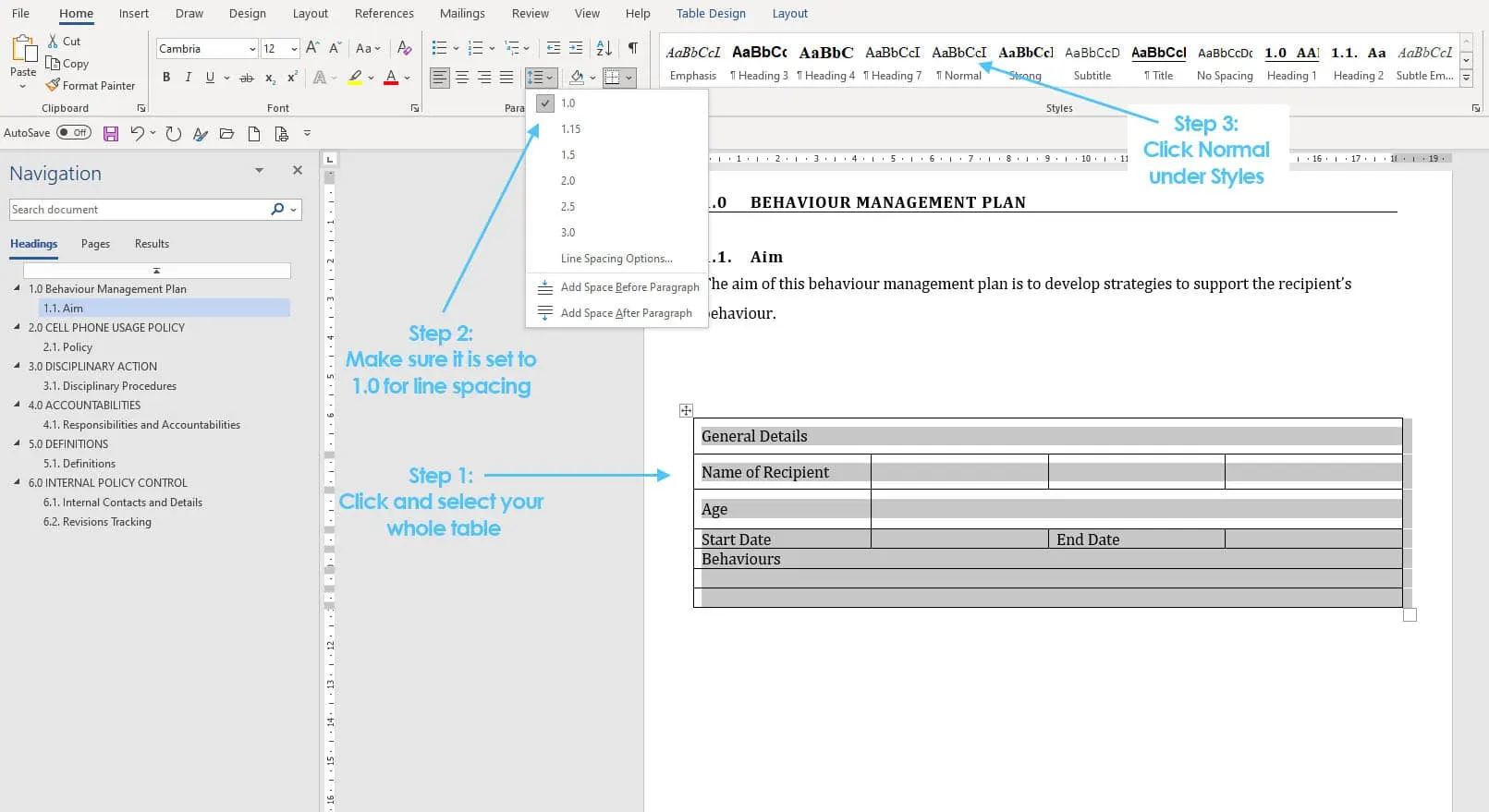 Microsoft Word snip showing 3 steps on how to Center Text Vertically in a Microsoft Word Table.