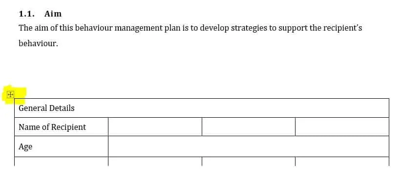 Microsoft Word snip showing how to select a table for centering text