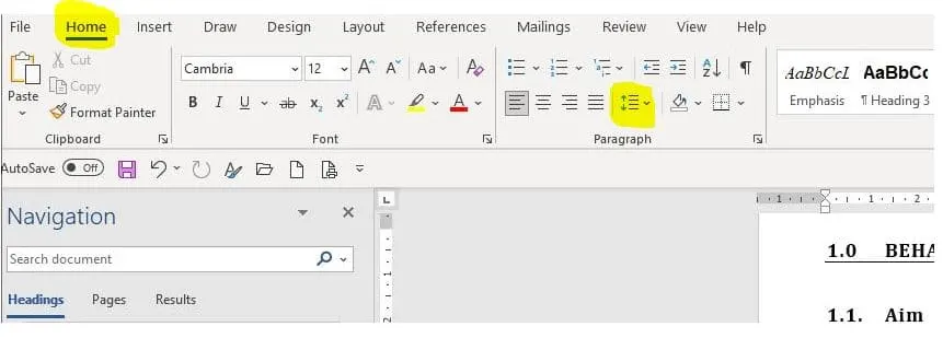 Microsoft Word snip showing how to find line spacing settings to center text in an MS Word table