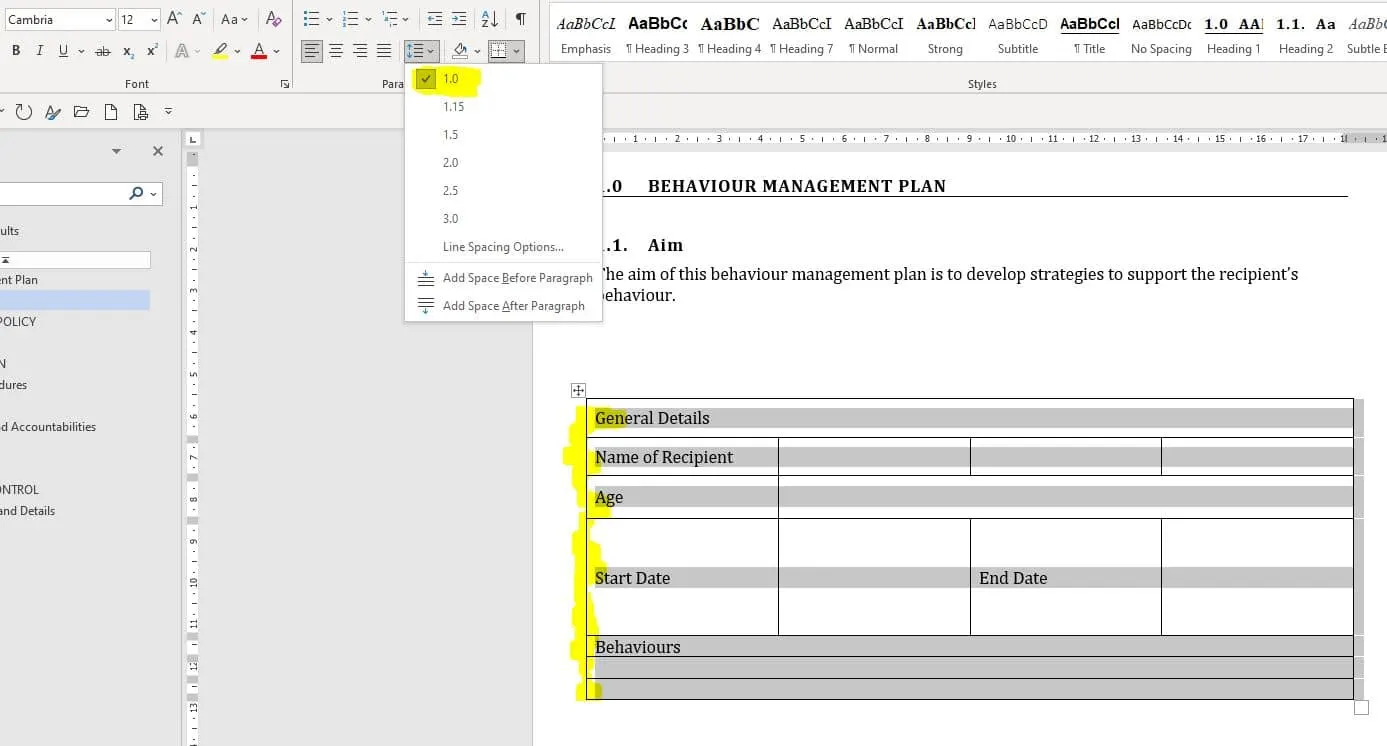 Microsoft Word snip showing how to set line spacing for centering text in an MS Word table