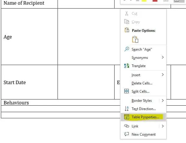 Microsoft Word snip showing how to select table properties to center text in an MS Word table
