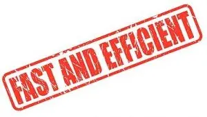 A red, rectangular stamp graphic with the text "FAST AND EFFICIENT" written in all capital letters.