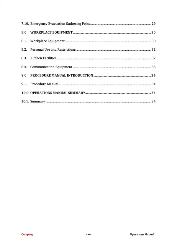 Operations Manual Table of Contents