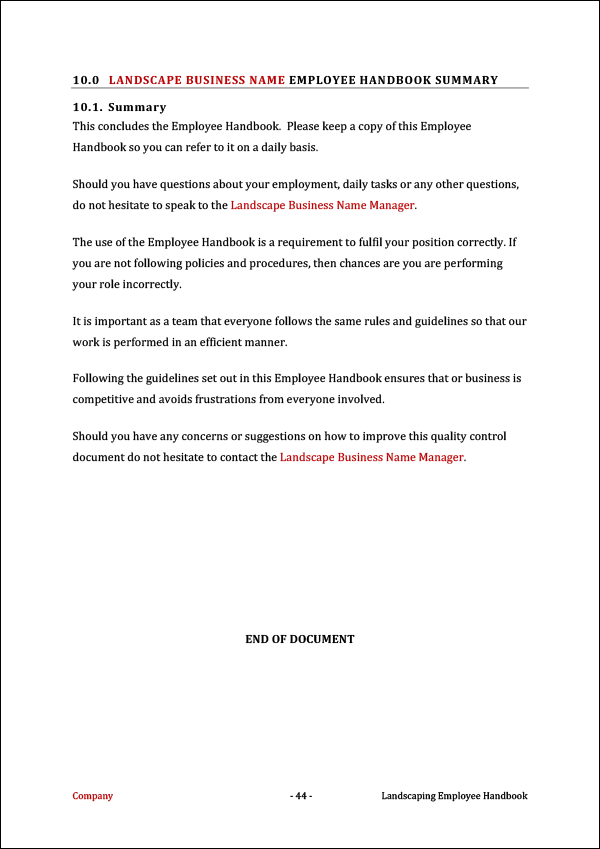 Landscaping Employee Handbook Template | Summary