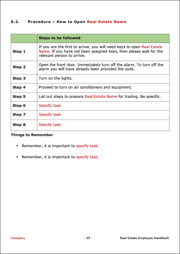Real Estate Agency Employee Handbook Template | Procedures