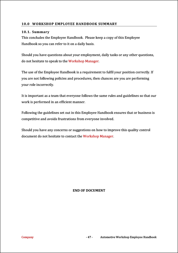 Automotive Workshop Employee Handbook Template summary page.