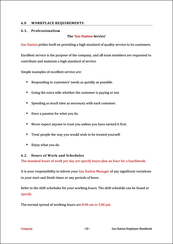 Gas Station Employee Handbook Template - Workplace Requirements