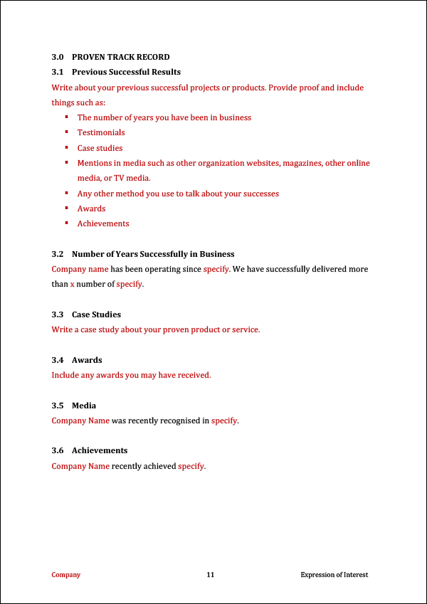 Expression of Interest Template - Proof of Track Record and Experience