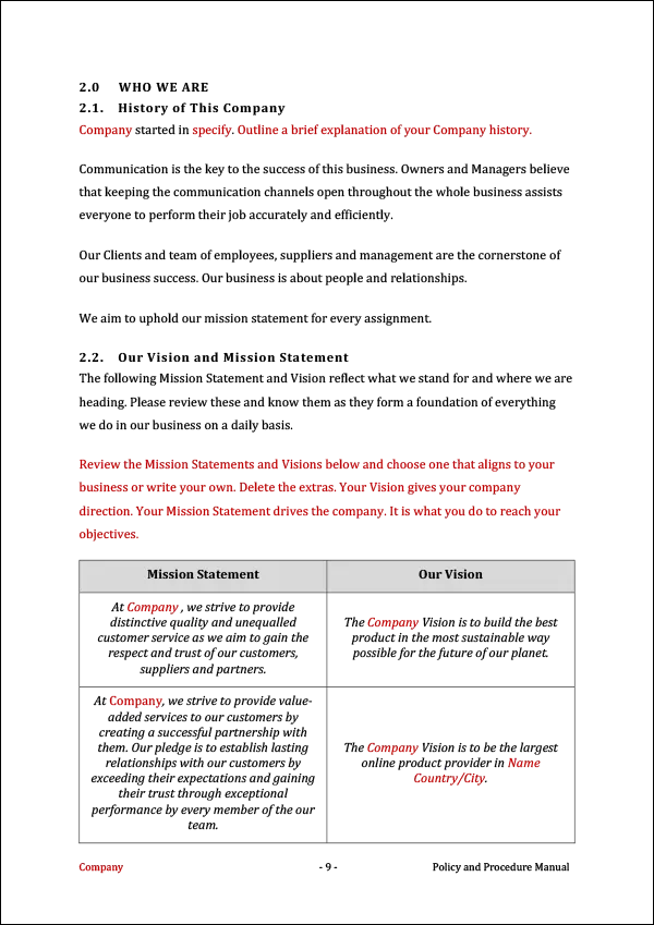 Policy and Procedure Manual Template - History, Vision and Mission Statement Policy and Procedure Manual Template - History, Vision and Mission Statement