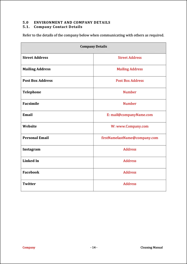 Cleaning Standard Operating Procedure Template - Company Details