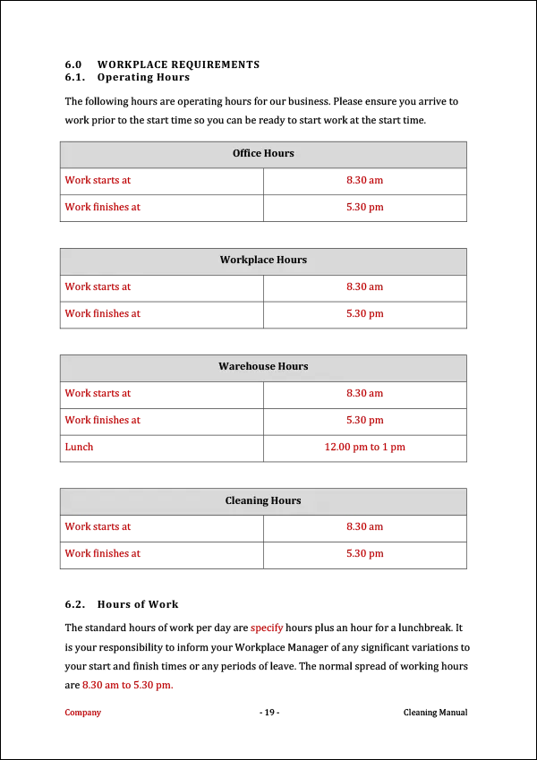 Cleaning Standard Operating Procedure Template - Workplace Requirements