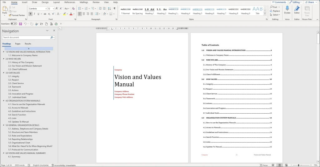 Vision And Values Manual Template