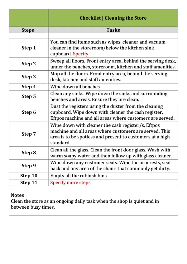Step by Step Checklist - Cleaning the Store