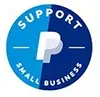A support small business logo from PayPal, featuring a blue circular design with a large 'P' in the middle. The logo is intended to signify support for small businesses and may include additional text or graphics. The background is half light blue and half dark blue, allowing the logo to stand out.