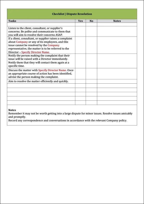 Dispute Resolution Checklist Example