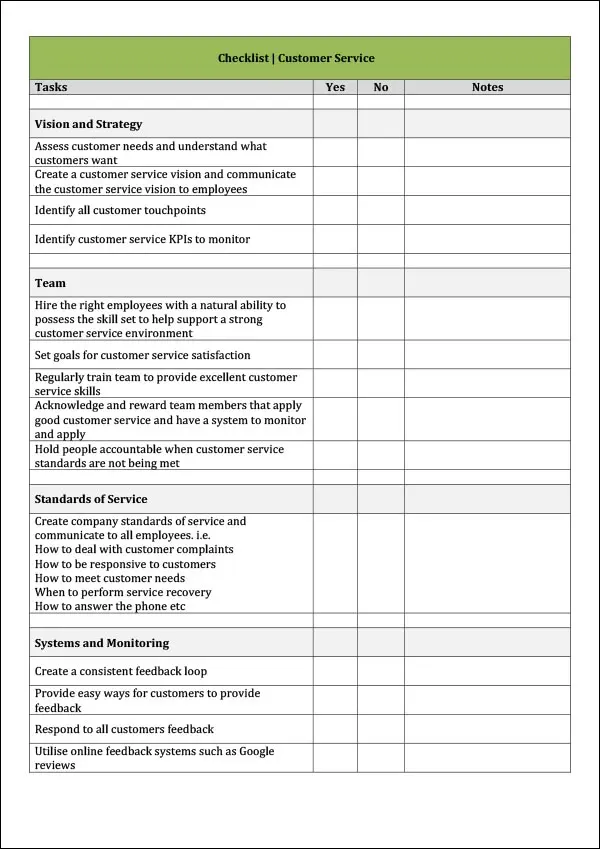Customer Service Checklist - Example