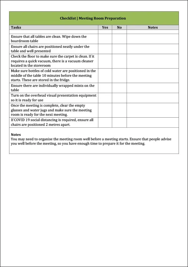 Meeting Room Preparation Checklist Example