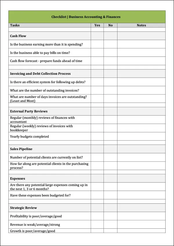 Accounting and Finances Checklist Example