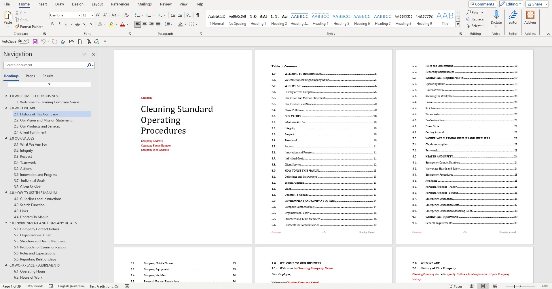 Cleaning Standard Operating Procedure Template - MS Word View