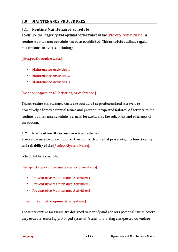 Operation and Maintenance Manual Template - Maintenance