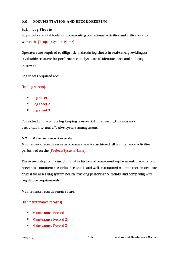 Operation and Maintenance Manual Template - Documentation
