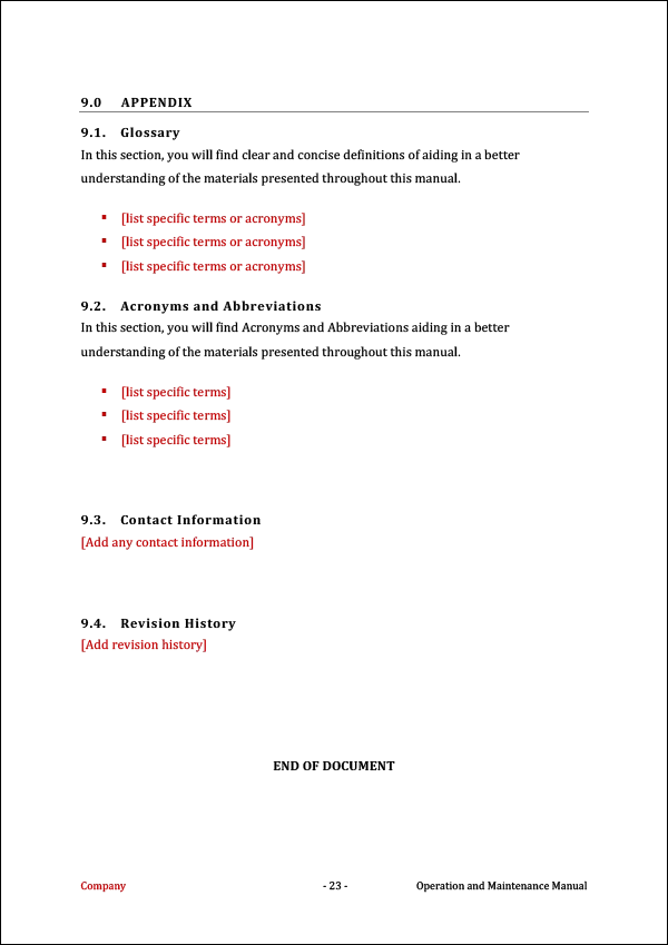 Operation and Maintenance Manual Template - Appendix