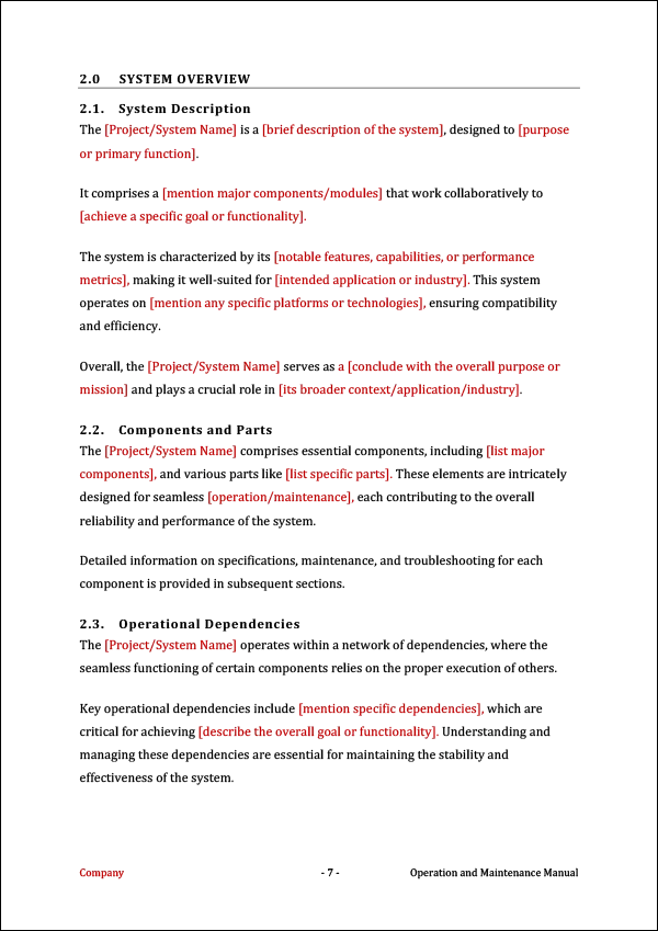 Operation and Maintenance Manual Template - System Overview