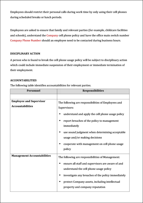 Policy Manual Template - Cell Phone Usage Policy