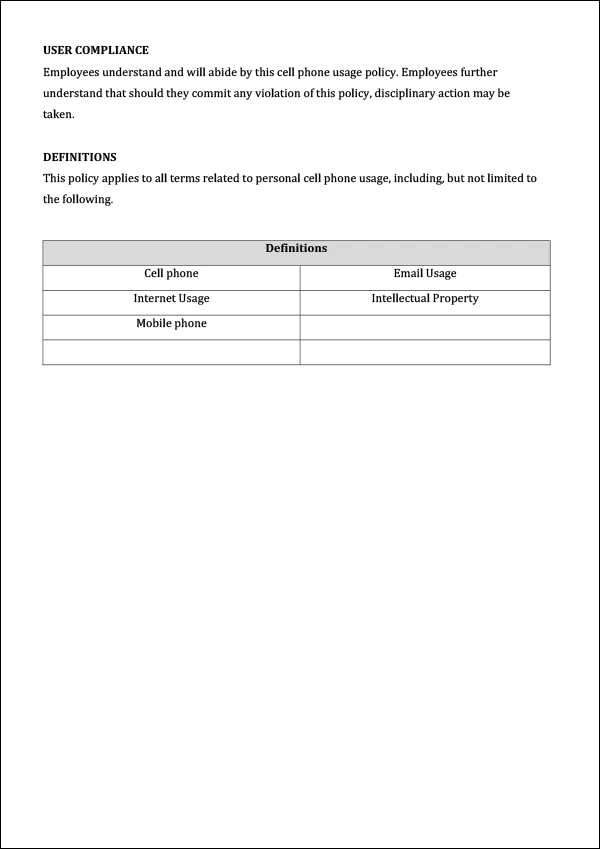 Policy Manual Template - Cell Phone Usage Policy