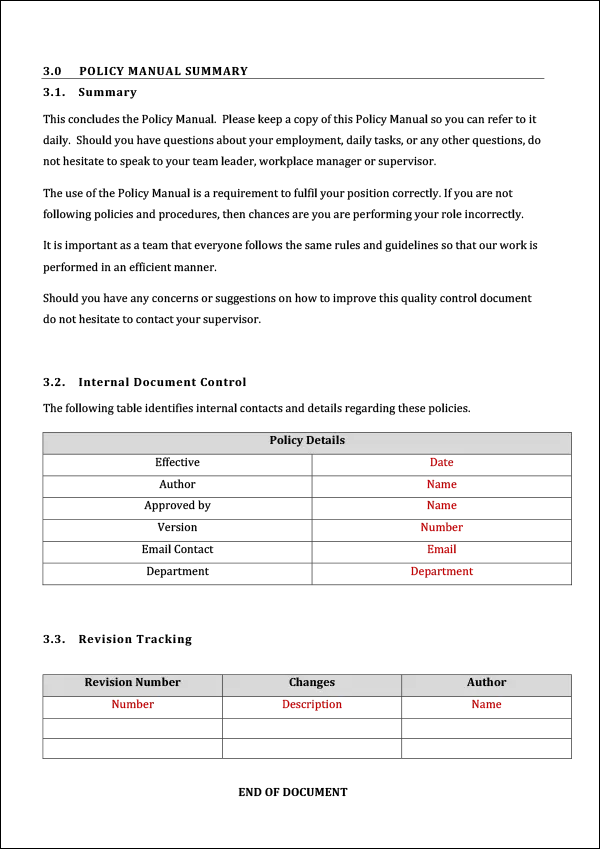 Policy Manual Template - Policy Manual Summary