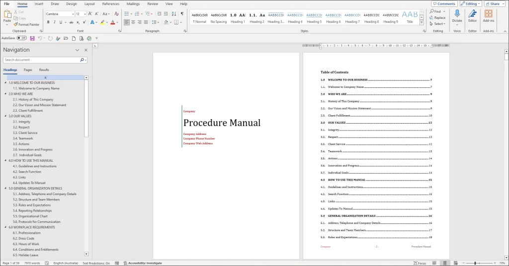 A screenshot of the Word interface displaying the title page and the first table of contents page of a document. The title page contains the title of the document centered at the top, followed by additional information such as the author's name and date. The first table of contents page displays a list of sections and subsections of the document, allowing the viewer to navigate through the content. The screenshot is zoomed to fill the screen, providing a clear view of the document to the buyer.