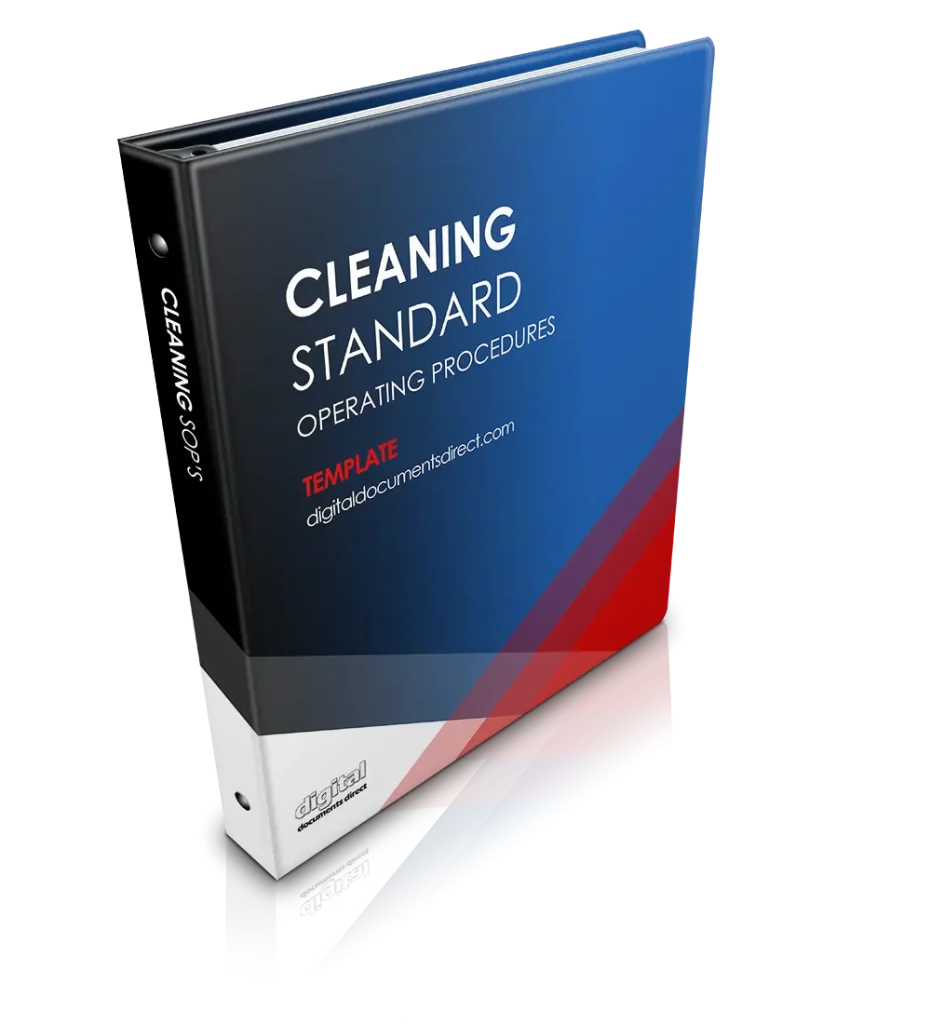 A professional, business eBook cover with Cleaning Standard Operating Procedure Template text on it. Blue, white, and red background with Digital Documents Direct logo and website address.