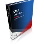 A professional, business eBook cover with Desk Manual Template text on it. Blue, white, and red background with Digital Documents Direct logo and website address.