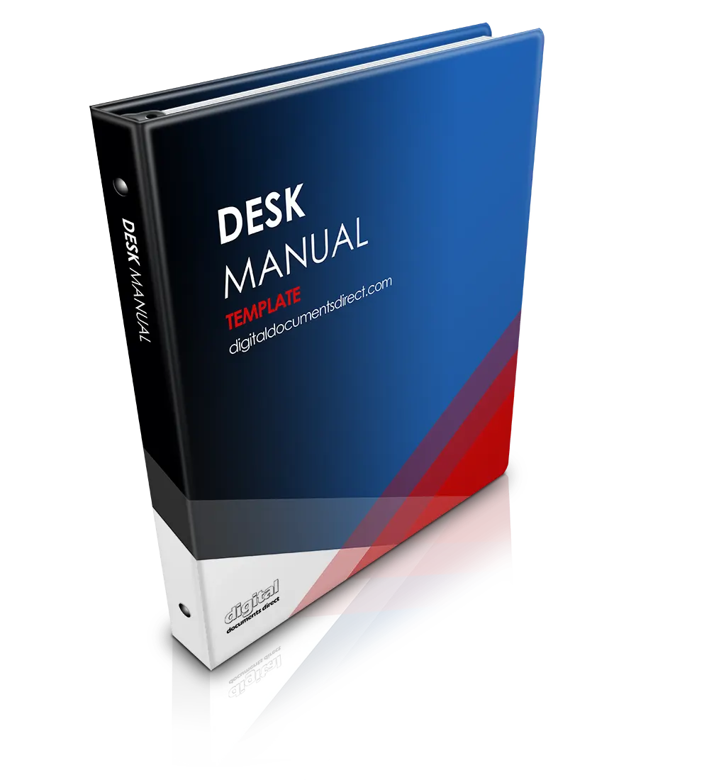 A professional, business eBook cover with Desk Manual Template text on it. Blue, white, and red background with Digital Documents Direct logo and website address.