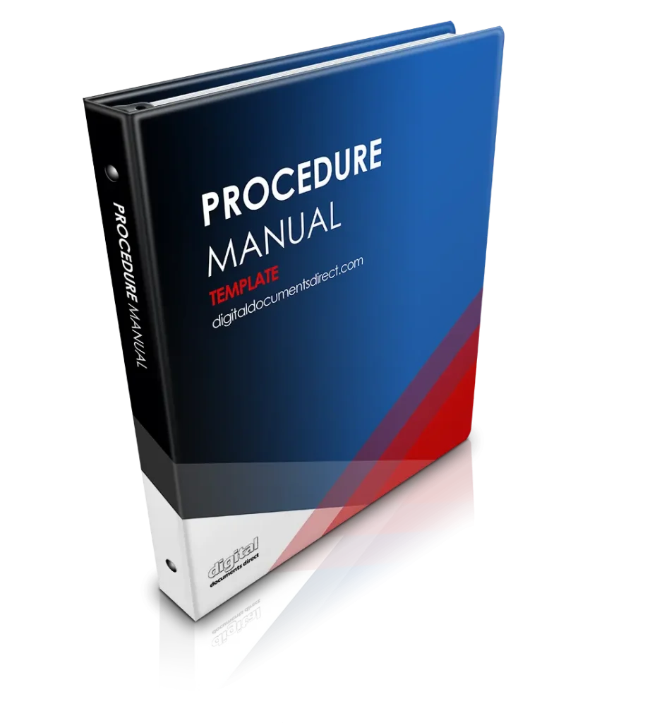 A professional, business eBook cover with Procedure Manual Template text on it. Blue, white, and red background with Digital Documents Direct logo and website address.