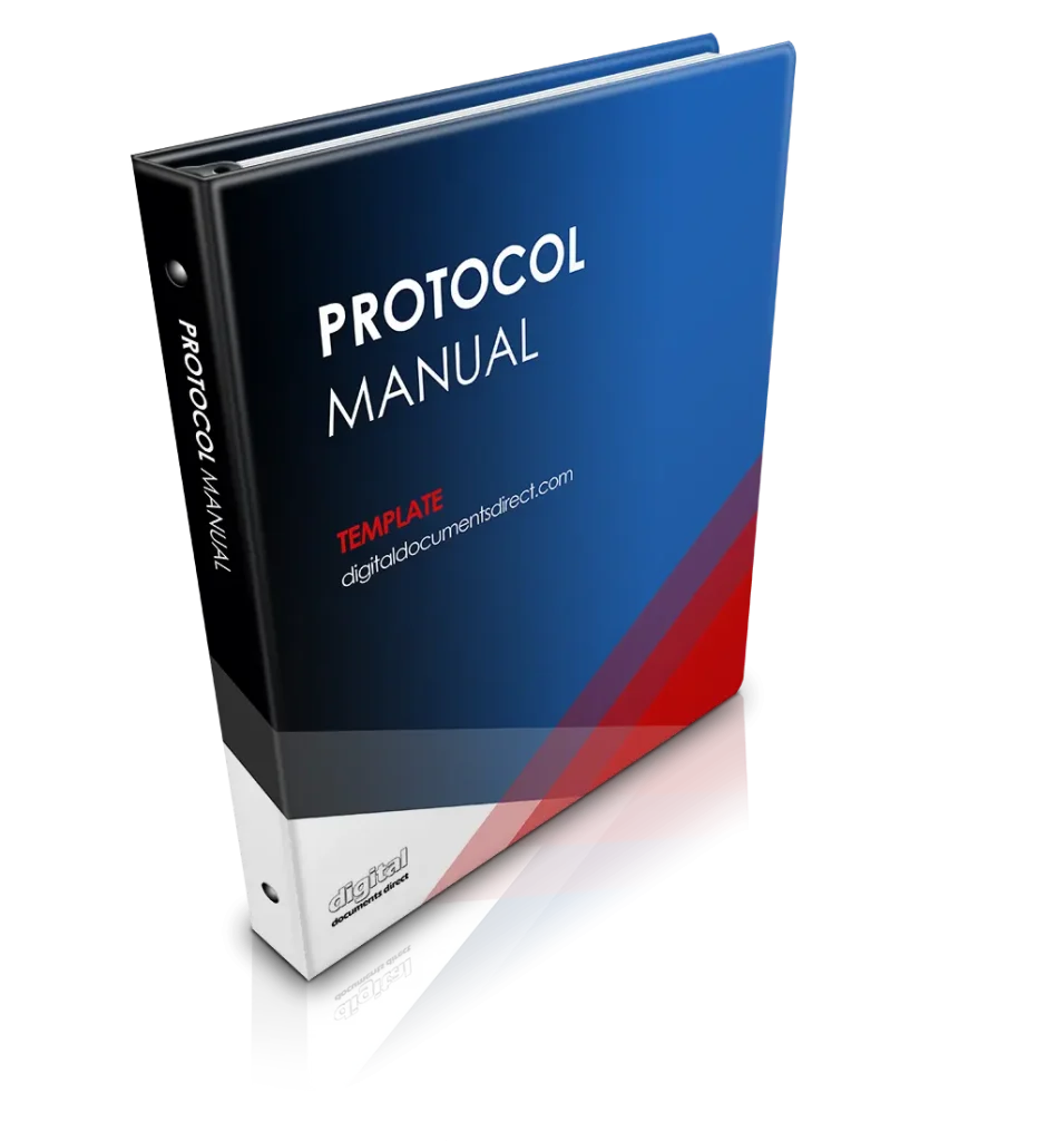A professional, business eBook cover with Protocol Manual Template text on it. Blue, white, and red background with Digital Documents Direct logo and website address.