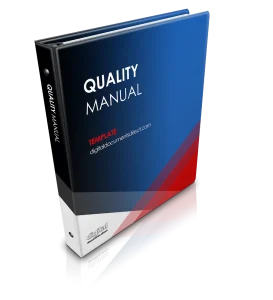 A professional, business eBook cover with Quality Manual Template text on it. Blue, white, and red background with Digital Documents Direct logo and website address.