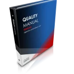 A professional, business eBook cover with Quality Manual Template text on it. Blue, white, and red background with Digital Documents Direct logo and website address.